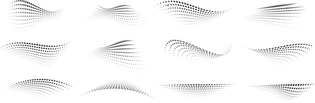 Abstract halftone wave shapes with dotted flowing gradient motion elements. Modern particle curves for futuristic technology, data visualization and digital backgrounds. Dynamic vector patterns 