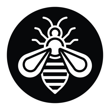 White bee icon in a black circular shape on white background icon