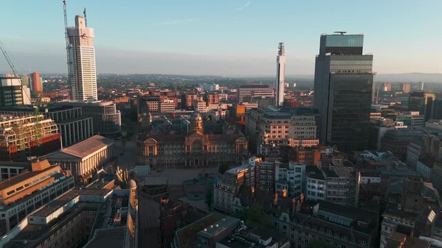 Aerial view of Birmingham Council House and city skyline at sunrise, England