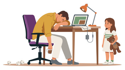 Exhausted tired employee sleeping at desk with laptop while little girl stands beside him. © jubayer71
