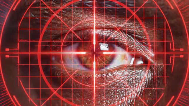 Extreme close-up of a human eye with a red targeting reticle overlay