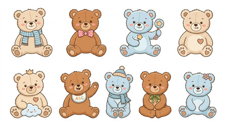 Obraz premium Cute fluffy teddy bear doll set for babies and children vector illustration isolated on white background
