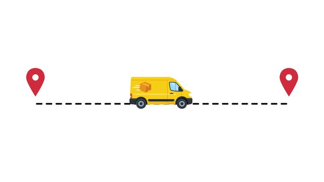 Yellow delivery van moving between map pins for logistics tracking