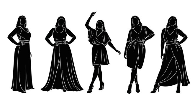 Plus size women silhouettes standing in dresses, fashion collection