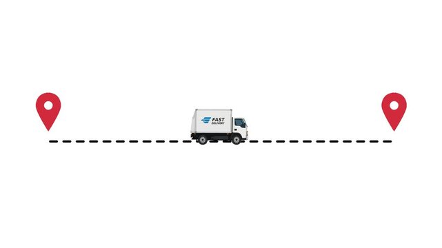 Delivery truck traveling between two red map pins for shipping route