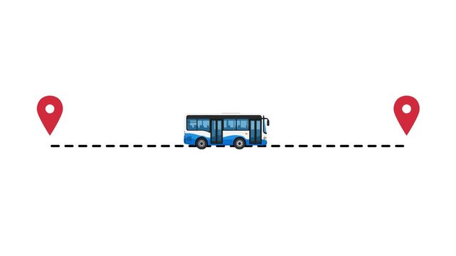 Blue bus traveling between red location pins on white background