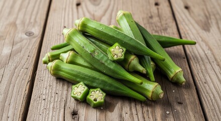 Obraz premium Fresh whole and sliced okra pods arranged on a rustic wooden table, organic green vegetables for healthy cooking and nutrition.