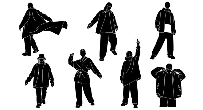 Set of black silhouettes of young men in casual urban winter clothing