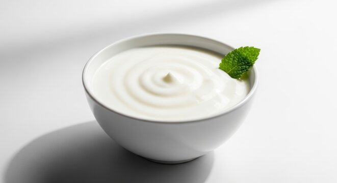 Fresh white yogurt in a ceramic bowl, garnished with a single green mint leaf on a bright studio background.