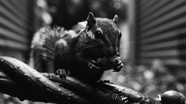 Black and white close up of a chipmunk eating a nut on a wooden branch in a garden
