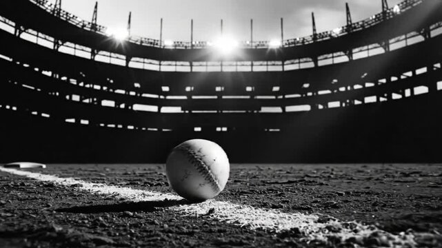 Dramatic slow-motion baseball on the field at a stadium with bright spotlights in black and white