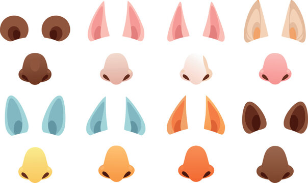 Collection of cute animal ears and noses vector illustration set for photo booth filters and masks.