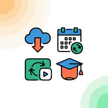 Colorful flat vector icons featuring cloud downloading calendar synchronization media playback and graduation cap for modern educational digital business projects