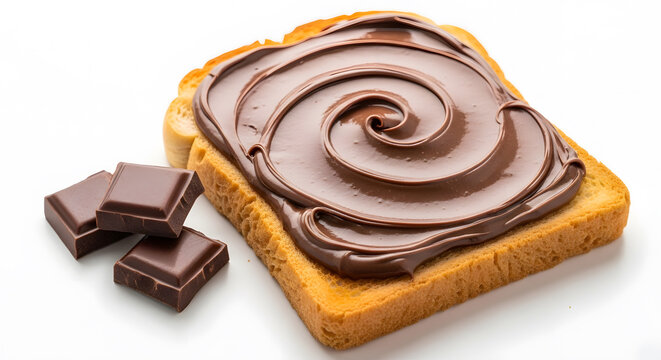 Chocolate spread on toast with chocolate chunks on white background