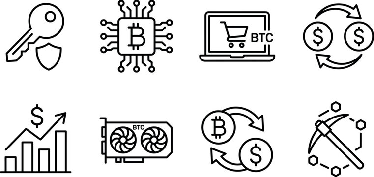 Cryptocurrency and bitcoin mining icons featuring digital finance exchange, blockchain technology, and secure online trading transactions.