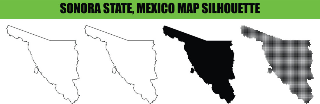 Sonora state Mexico map silhouette set with solid black outline and dotted point versions on checkered background for creative geography and infographic design.