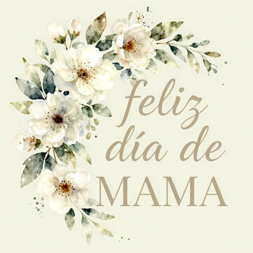 Handwritten feliz dia de mama message with white floral wreath on beige background