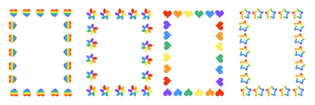Rainbow lgbt frames set. Pride month. LGBTQ support frames for social media banner, poster, placard, card or party invitation.