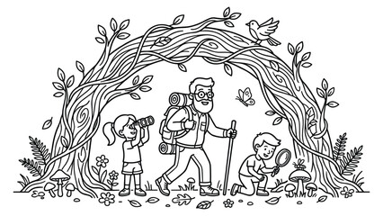 Fototapeta premium Father and kids exploring nature with binoculars and magnifying glass in forest setting.
