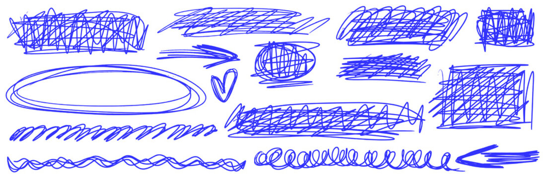 Scribble and doodle bundle pen scratch marks, squiggly lines and messy circles. Bold handmade texture for creative design use.