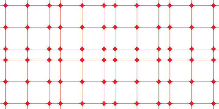 Retro geometric seamless grid pattern with rounded square tiles and red star intersections. Minimal abstract lattice background for wallpaper, textile, wrapping, branding and modern