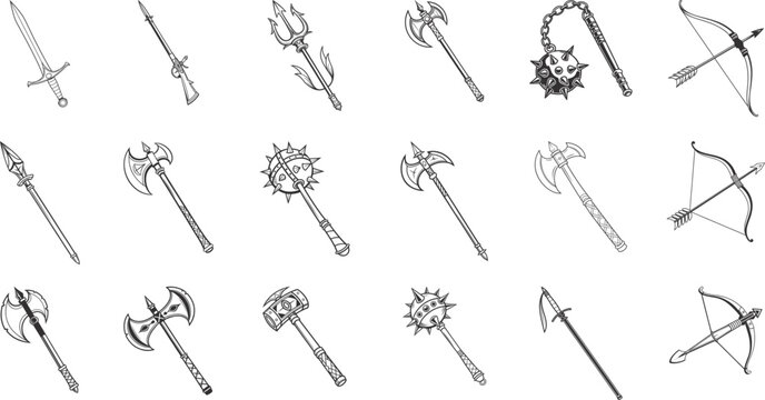 Fantasy medieval weapon collection with swords, axes, bows, spears, maces and battle hammers in detailed outline style. Vintage warrior armory icon set for gaming, RPG design, fantasy illustration 