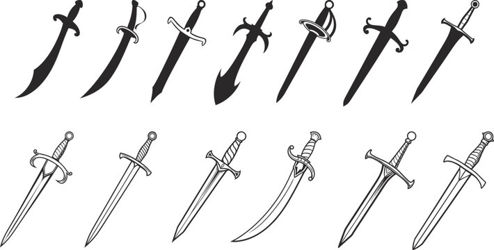 Medieval fantasy sword collection with elegant blades, daggers and curved sabers in vintage outline style. Warrior weapon icon set for gaming, RPG graphics, heraldry, combat themes and adventure 