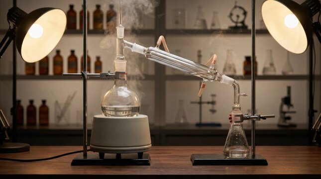 Chemical distillation process in a laboratory featuring a glass condenser, boiling flask on a heating mantle, Erlenmeyer flask, and steam vapor under professional studio lights.