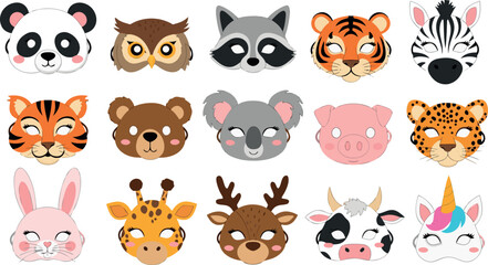 Naklejka premium Collection of cute animal face masks for kids party photo booth props and digital video filters.