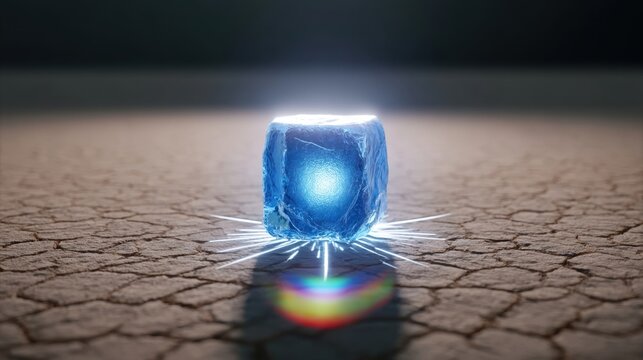 Close-up of glowing blue ice cube standing on dry cracked ground with light reflection and glowing effects in surreal low light environment