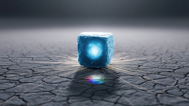 Single glowing blue ice cube casting light and shadow on cracked dry earth surface under soft focused atmospheric background