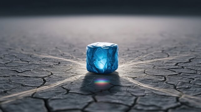 Single blue ice cube melting slowly on cracked dry earth surface under soft natural light creating shadow and subtle rainbow reflection