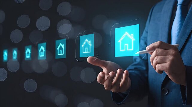 Business Professional Using Stylus Pen Selecting Floating Holographic Digital House Icons Interface on Dark Blue Background Smart Home Real Estate Technology Concept