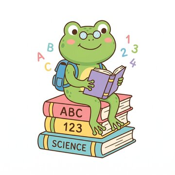 Cute frog Student with Books Kids Educational Cartoon Vector, vector isolated on white