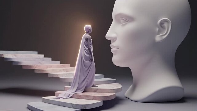 Figure ascends flowing steps toward ethereal light, beside colossal serene head