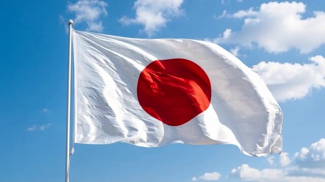 Japanese flag waving in the blue sky with clouds. A national flag of Japan, known as Nisshōki or Hinomaru