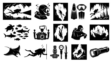 Fototapeta premium Black White Silhouette Icons of Scuba Diving and Underwater Activities