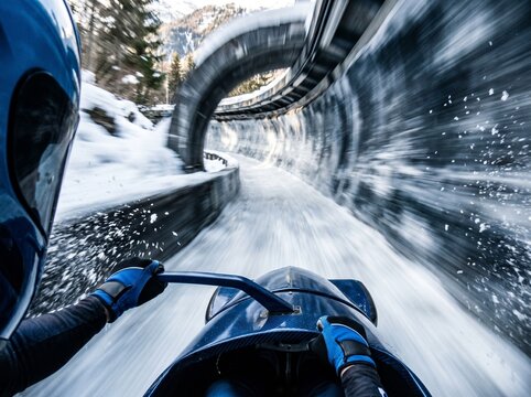A thrilling view of a person riding a bobsleigh at high speed down a snow-covered track