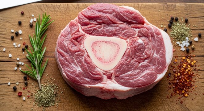 Raw beef shank with bone marrow on a rustic wooden board, accompanied by fresh rosemary and scattered spices.