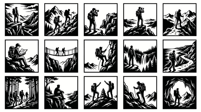Outdoor Adventure Hiking Silhouette Illustrations Set - Black and White Engraving Style Trekkers and Mountaineers