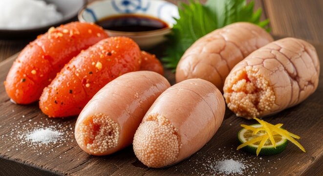 Raw fish roe sacs on a wooden board, fresh seafood prepared for cooking with seasoning and citrus garnish.