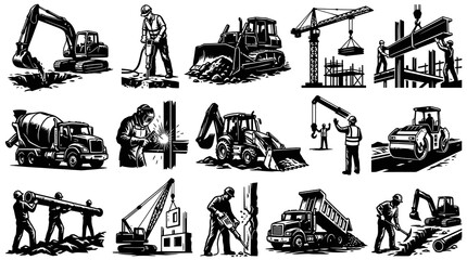 Naklejka premium Construction Site Black and White Line Art Vector Icons with Machinery and Workers