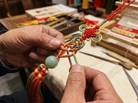 Artisan hands crafting intricate Chinese knot with jade bead and tassel