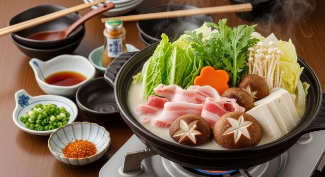 Raw sliced pork, tofu, shiitake mushrooms, and fresh vegetables cooking in a hot pot, traditional savory dinner on a portable stove.