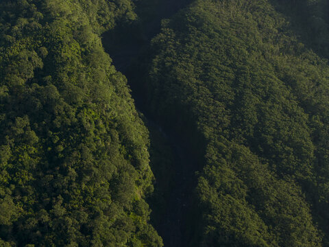 Aerial view of the deep Kaliadem ravine surrounded by dense tropical forest and lush green hills in Kecamatan Pakem, Daerah Istimewa Yogya, Indonesia.