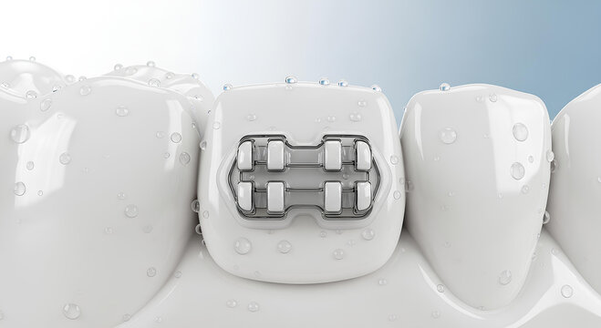 Modern metal orthodontic bracket fixed on a clean white tooth surface in a dental clinic, macro