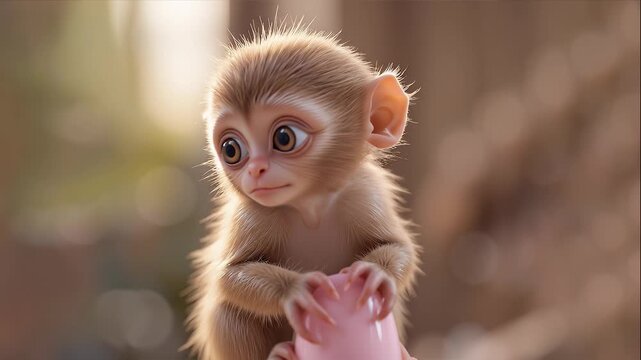 Adorable tiny baby monkey with large expressive eyes and soft brown fur, clinging to a human finger with pink-painted nail, blinking and looking around curiously in a bright, blurred natural setting, 