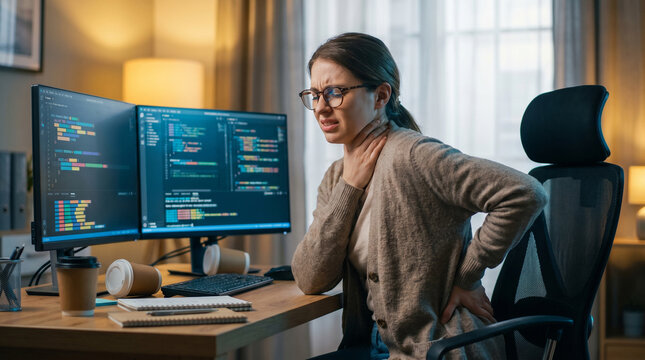Frustrated female freelancer suffers from headache and back pain while working on a computer in a home office. Stress, burnout, and muscle strain from coding errors.