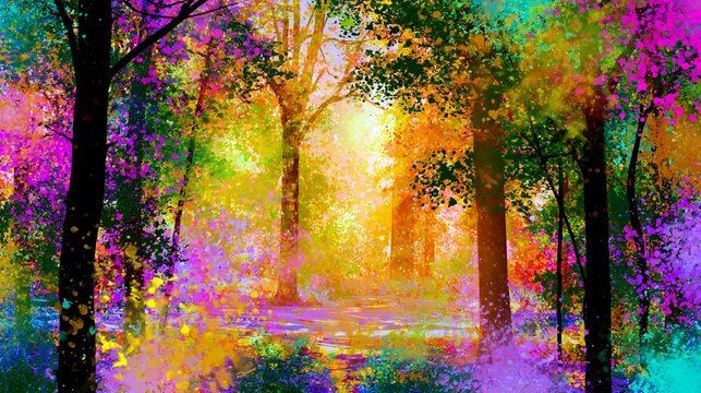 Rainbow colored forest with sunlight filtering through trees