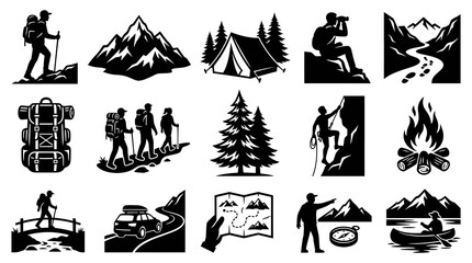 Obraz premium Black White Icons of Outdoor Adventure and Hiking Activities